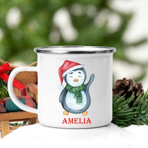 Personalised Enamel Penguin Christmas Mug, Stocking Filler, Personalised Christmas Mug,  Christmas Eve Hot Chocolate Mug, Box Filler,