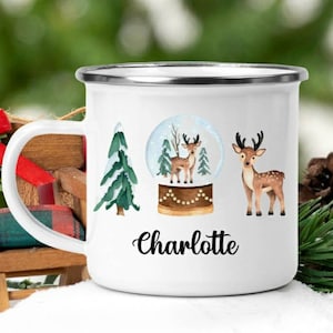 Personalised Enamel Reindeer Mug, Christmas Mug, Stocking Filler, Personalised Christmas Mug,  Christmas Eve Hot Chocolate Mug, Box Filler,