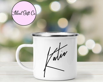 Personalised Stylish Name Enamel Mug, Camping Mug, Tin Mug, Cool Enamel Mug, Personalised Mug Gift
