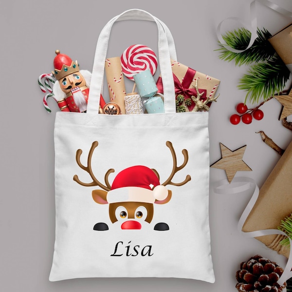 Sac cadeau de Noël personnalisé, alternative au sac de Noël, sac de remplissage de bas, sac de réveillon de Noël, renne, cadeau personnel de Noël rouge