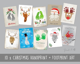 May include: Ten printable Christmas cards featuring handprint and footprint art. The cards feature a variety of designs, including a reindeer, a snowman, a Christmas tree, and a Santa Claus. The text on the cards includes "Mistletoes", "Merry Christmas", "Season's Greetings", and "I Love You Snow Much!"