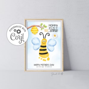 Bee-Utiful Bumble Bee EDITÁVEL / Pegada de arte de pé / Aniversário de dia das mães / Bebê Criança / Cartão Corjl personalizado DIY Imprima-o 0703