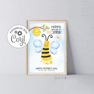 Bee-Utiful Bumble Bee EDITABLE / Footprint Foot Art Craft / Mother's Day Birthday / Baby Child / DIY Custom Corjl Card Print It Off 0703