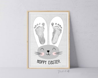 Hoppy Happy Easter Bunny / Footprint Handprint Art / Baby Toddler Foot Feet / Keepsake Memory Craft DIY Card / Print It Off 0841