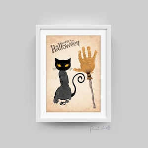Halloween Footprint Handprint Art Craft / Black Cat Witch Scopa / Kids Toddler Baby Card Memory Attività fai da te Keepsake / Print It Off 0589