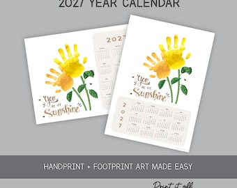 Handafdrukkalender 2027, Handafdrukkunst met zonnebloemen, Printbare kinderkalender, Aandenken voor baby's en peuters, Cadeau. PRINT HET UIT 1022