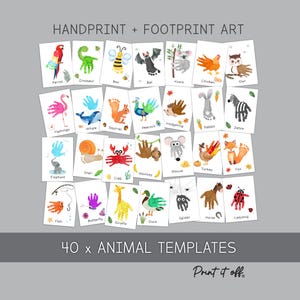 Könnte beinhalten: Eine Sammlung von 40 Tiervorlagen mit dem Titel HANDPRINT + FOOTPRINT ART. Jede rechteckige Karte zeigt eine Aquarellillustration, die aus Hand- oder Fußabdrücken erstellt wurde und Tiere wie einen Papagei, Dinosaurier, eine Biene, Fledermaus und ein Zebra darstellt, wobei der Tiername unter jedem Bild aufgedruckt ist.