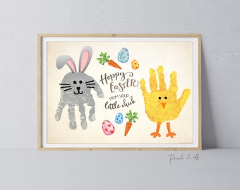 Hoppy Happy Osterhase Küken / Fußabdruck Hand Handabdruck Kunst / Baby Kinder Kleinkind / Andenken Memory Craft DIY Karte / Print It Off 0842