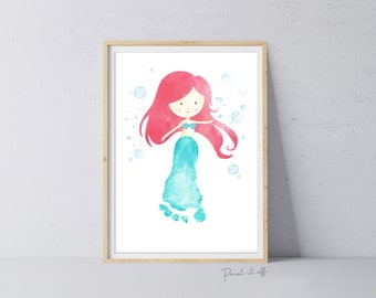 Mermaid Footprint Foot Art Craft / Little Mermaid Tail Girl / Kids Baby Toddler DIY Sign Nursery Keepsake Printable / Print It Off 0747