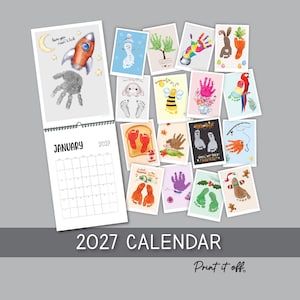 May include: A 2027 wall calendar featuring a spiral binding and a January page. The calendar is surrounded by a collection of art prints displaying various handprint and footprint designs, including a rocket, snowman, bee, parrot, and ghost.