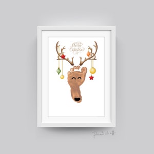 Fußabdruck Rentier Merry Christmas / Weihnachten Handabdruck Kunst Handwerk / Baby Kinder Kleinkind Fuß / Andenken Geschenk Abdruck Aktivitätskarte PRINT IT OFF 0617