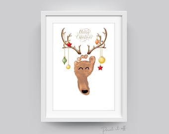 Footprint Reindeer Merry Christmas / Xmas Handprint Art Craft / Baby Kids Toddler Foot / Keepsake Gift Print Activity Card PRINT IT OFF 0617