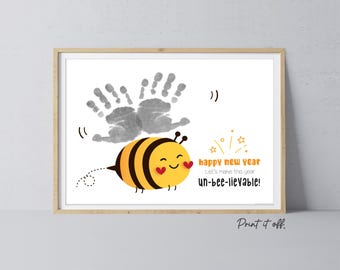 Bee Happy New Year - Handprint Art Craft Printable Keepsake Gift Template Hand Baby - PRINT IT OFF 0983