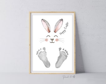 Hoppy Happy Easter Bunny / Footprint Handprint Art / Baby Toddler / Keepsake Memory Craft DIY Card / Print It Off 0830