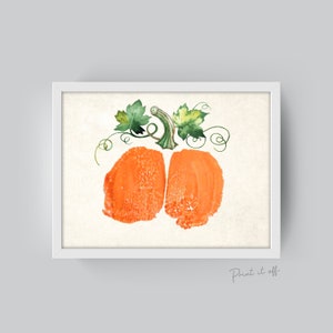 May include: A watercolor painting of an orange pumpkin with green leaves and vines. The pumpkin is painted in a simple, stylized way, with a textured surface.