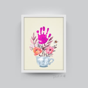 Handafdruk theekopje / bloemenhandkunst / kinderen baby peuter / kinderkamer decor Moederdag / aandenken ambachtelijke cadeau doe-het-zelfkaart / afdrukbare print 0180