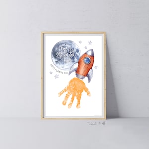 Je t'aime lune et le dos fusée fête des pères / empreinte de main artisanat d'art / carte bricolage cadeau souvenir / enfants bébé tout-petit / imprimer 0882