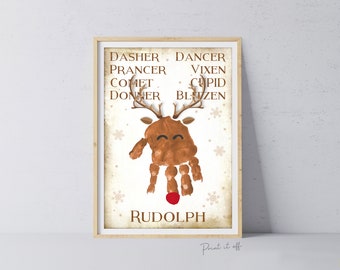 May include: A printable Christmas reindeer craft with a handprint for Rudolph's face. The reindeer's name is Rudolph and the names of the other reindeer are listed above the reindeer: Dasher, Dancer, Prancer, Vixen, Comet, Cupid, Donner, Blitzen.