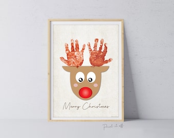 Merry Christmas Reindeer / Christmas Xmas Handprint Footprint Art Craft / Baby Kids Toddler Hands / Keepsake Card Memory Print it off 0095