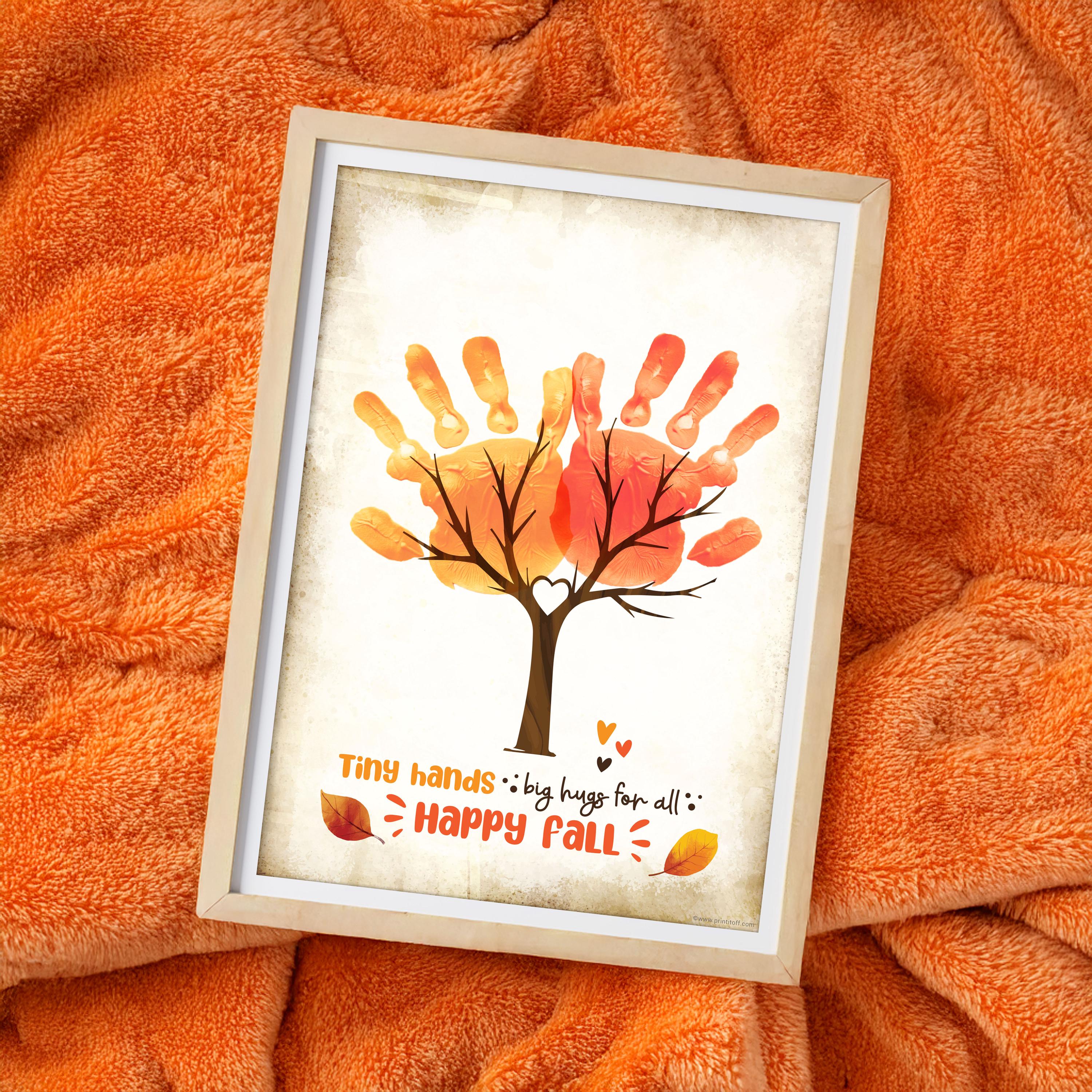 秋の木の手形足形アート：赤ちゃんの記念品テンプレート（デジタル