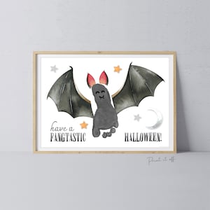 Nietoperz Halloween Art Craft / Sztuka odcisku stopy / Fang-Tastic / Dziecięce dziecko / Pamiątkowa karta dekoracyjna ze znakiem pamięci / Wydrukuj 0598