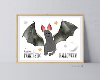 Bat Halloween Art Craft / Footprint Handprint Art / Fang-Tastic / Kids Baby Toddler / Keepsake Memory Sign Decor Card / Print It Off 0598