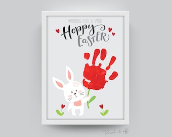 Hoppy Easter / Handprint Art Craft  / Cute Bunny Flower Happy Easter / Kids Baby Child Toddler / Keepsake Activity Card / PRINT IT OFF 0412