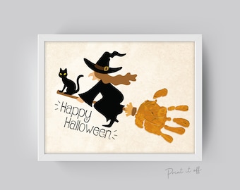 Halloween Art Craft / Handprint Art / Witch Broom Stick / Happy Halloween Sign / Kids Baby Toddler / Keepsake Memory DIY Card Print 0309