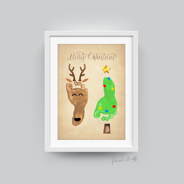 Reno Árbol Huella Pie Arte Artesanía / Primera Feliz Navidad Navidad Bebé Niño Niños / Tarjeta DIY Regalo Memoria Recuerdo / Imprimirlo 0634