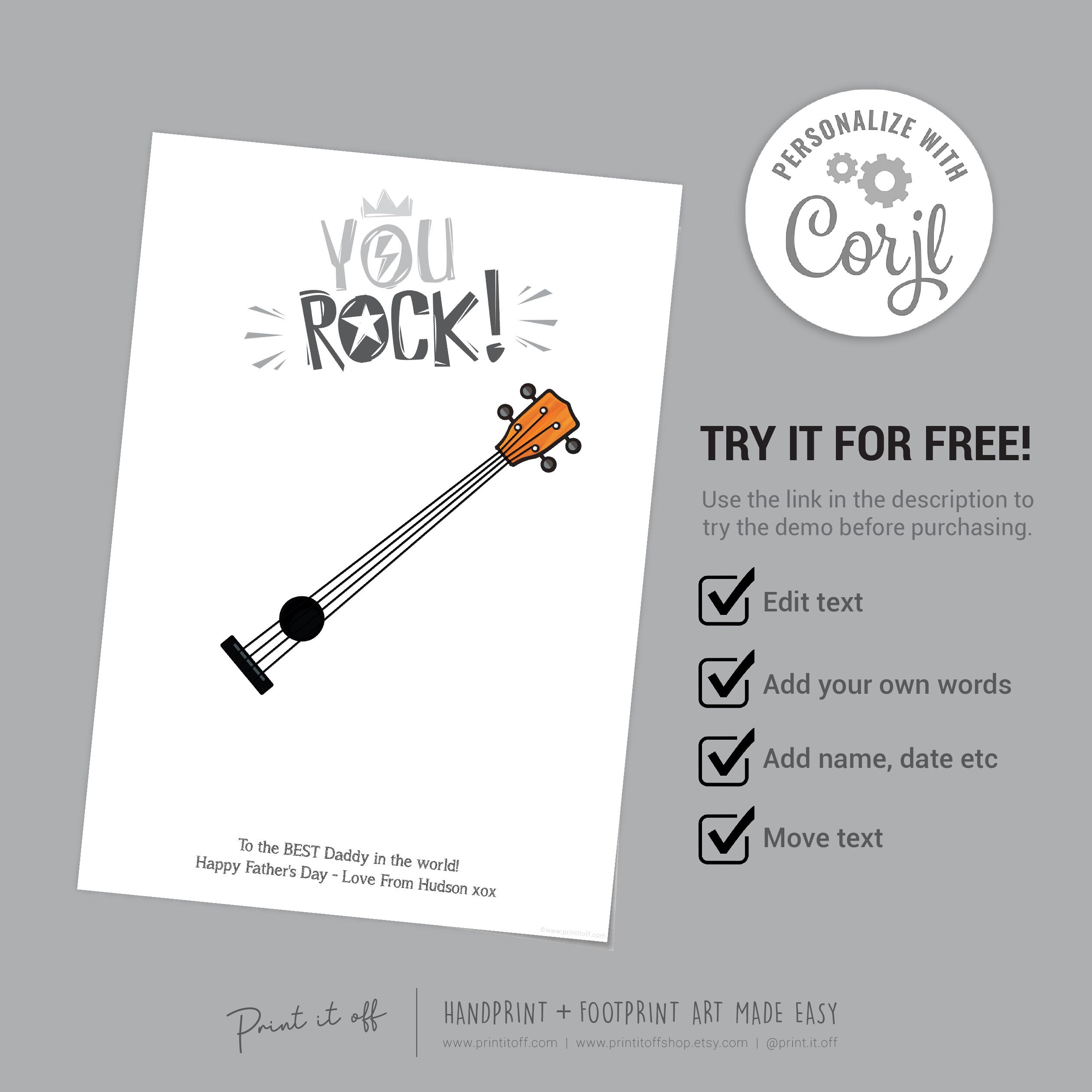You Rocked Prep Guitar You Rock EDITABLE / Handprint Hand Art Craft / - Etsy
