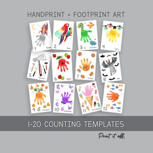 May include: A collection of twelve rectangular art templates titled HANDPRINT + FOOTPRINT ART and 1-20 COUNTING TEMPLATES. Each card features a watercolor illustration incorporating handprints or footprints, numbered 1 through 12, depicting themes like rockets, birds, dinosaurs, lights, hammers, apples, cookies, bats, pumpkins, butterflies, ice-creams, and fish.