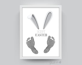 Hoppy Easter Grey / Footprint Art / Cute Bunny Ears Feet / Kids Baby Toddler / Activity Keepsake Craft Art DIY Card / Printable Print 0197