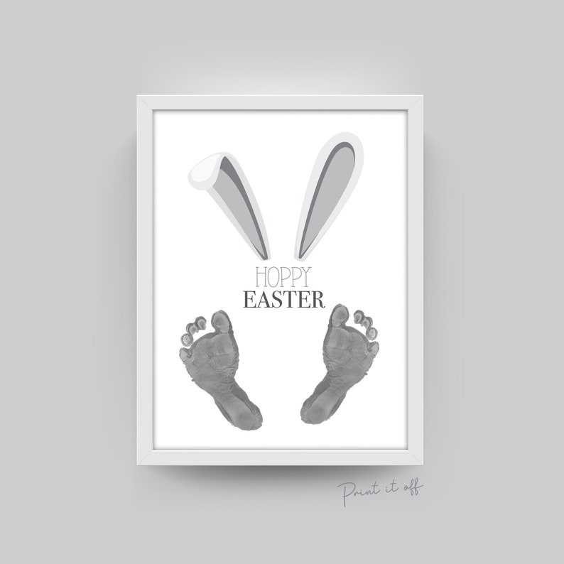 Hoppy Easter Grey / Footprint Art / Cute Bunny Ears Feet / Kids Baby Toddler / Activity Keepsake Craft Art DIY Card / Printable Print 0197 image 1