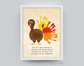 May include: A Thanksgiving-themed printable art print featuring a brown turkey with a colorful handprint tail. The text reads: "This isn't just a turkey as anyone can see. I made it with my hands, which are a part of me. It's made with lots of love, especially to say, I hope you have a very happy Thanksgiving day."