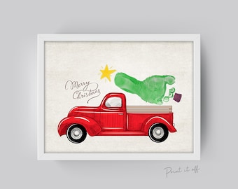 Red Truck Car Christmas Tree Footprint / Baby Toddler Kids Art Craft / Merry Xmas Memory Keepsake / Printable Print Card 0289