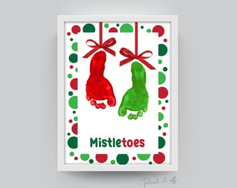 Christmas Mistletoes / Xmas Footprint Art Craft / Baby Kids Toddler Feet  / First Xmas Craft Keepsake Memory Print Card 0364