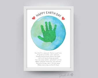 May include: A printable poster with a green handprint on a blue and green watercolor globe. The poster says "Happy Earth Day" and includes a poem about taking care of the planet.