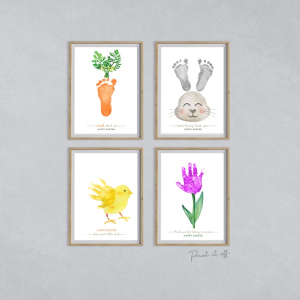 Lot de 4 créations artisanales d'empreintes de pas de main de Pâques / Lapin, carotte, fleur, carte à faire soi-même, bébé, main, pied, mural imprimable