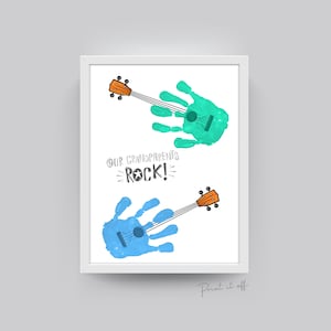 Manualidades con huellas de manos / Nuestros abuelos tocan la guitarra / Niños, bebés, niños pequeños, nietos, abuelos, día de los abuelos / Tarjeta de regalo DIY para imprimir, 0605