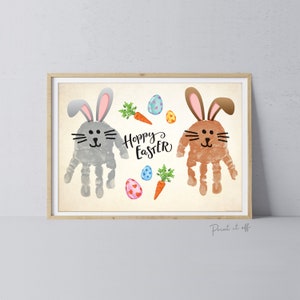 Lapins de Pâques joyeux houblonnés / Art de l'empreinte de la main / Bébés enfants tout-petits / Carte souvenir bricolage / Imprimez 0843