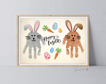 Hoppy Happy Easter Bunny Bunnies / Hand Handprint Art / Baby Kids Toddler / Keepsake Memory Craft DIY Card / Print It Off 0843