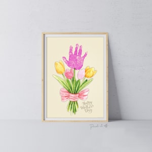 Heureuse fête des mères empreinte de main art artisanal / bouquet de fleurs / maman maman / enfants bébé bambin enfant / cadeau d'activité bricolage carte impression / impression 0424