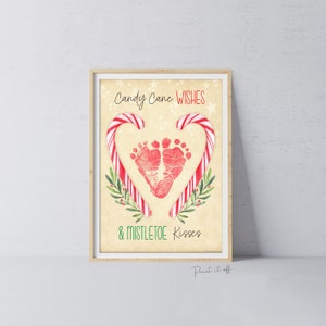 Zuckerstange Wünsche Mistelzweige Küsse Fußabdruck Handabdruck Handabdruck Art Craft / Weihnachten Kinder Baby Kleinkind / Andenken Geschenkkarte PRINT IT OFF 0809
