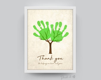 May include: A printable thank you card for a teacher featuring a green handprint tree with a heart in the center. The text reads "Thank you for helping me learn and grow."