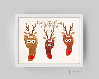 Christmas Footprint Reindeer / Xmas Art Craft / Baby Kids Toddler Foot Feet / Keepsake Print Card Memory / Siblings PRINT IT OFF 0368