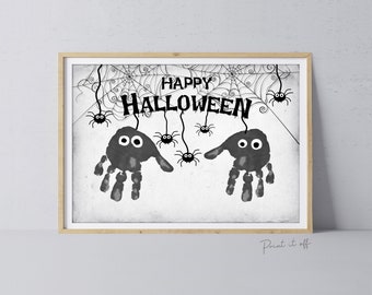 May include: Black and white printable Halloween art featuring handprint spiders hanging from spiderwebs with the text "Happy Halloween".