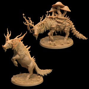 May include: Two fantasy creature figurines, both with a horse-like body and a boar-like head. One is covered in mushrooms and the other has a double head. Both are painted in a light brown color.