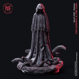 May include: A black hooded figure stands on a rocky base, surrounded by tentacles. The figure wears a long, flowing robe with intricate details. The figure's face is obscured by the hood. The text "March 2022 - Release THE INFINITY & THE VOID" is visible in the background.