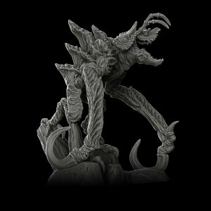 May include: A detailed, gray, 3D printed model of a monstrous creature with sharp claws and a gaping maw. The creature is posed in a menacing stance, with its claws extended and its mouth open wide.