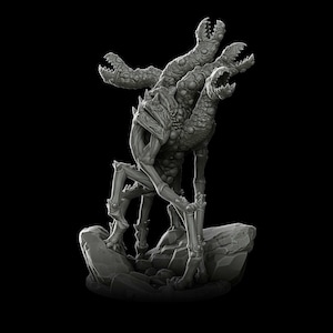May include: A gray, multi-headed creature with a textured, bumpy body and long, spindly legs. The creature has three heads, each with a sharp, pointed mouth. The creature is standing on a rocky base.
